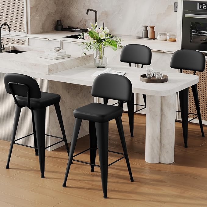 Aklaus PU Leather Metal Bar Stools 24 inch Faux Leather Counter Height Barstools Set of 4 Modern Farmhouse Bar Chairs with High Backs and Faux Leather Seat for Kitchen Island Dining Room Matte Black