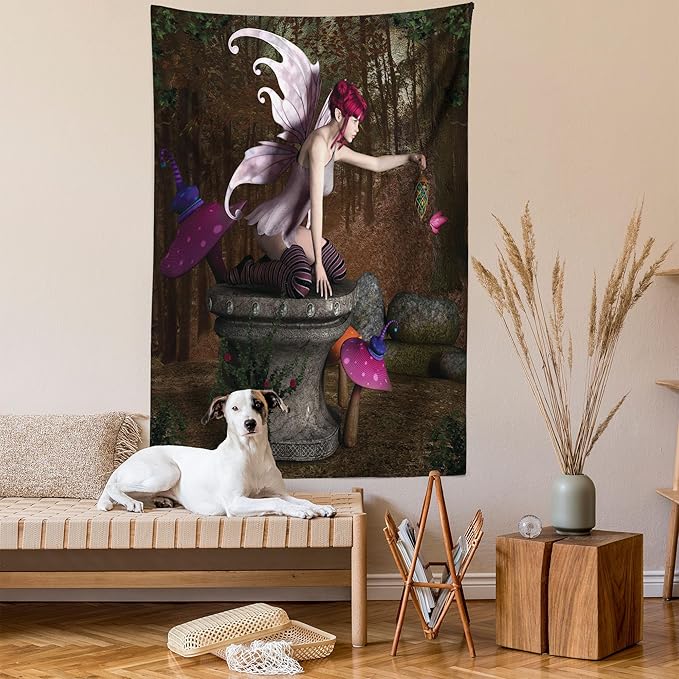 Ambesonne Tale Tapestry, Dimensional Mythical Creature Design Artifact on Pedestal Forest Print, Fabric Wall Hanging Decor for Bedroom Living Room Dorm, 30" X 45", Red Purple Grey