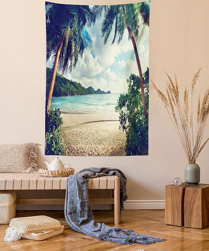 Ambesonne Palm Tree Tapestry, Summer Beach Vintage Style Tropical Sunset Picture Print, Fabric Wall Hanging Decor for Bedroom Living Room Dorm, 23" X 28", Dark Green Sand Brown