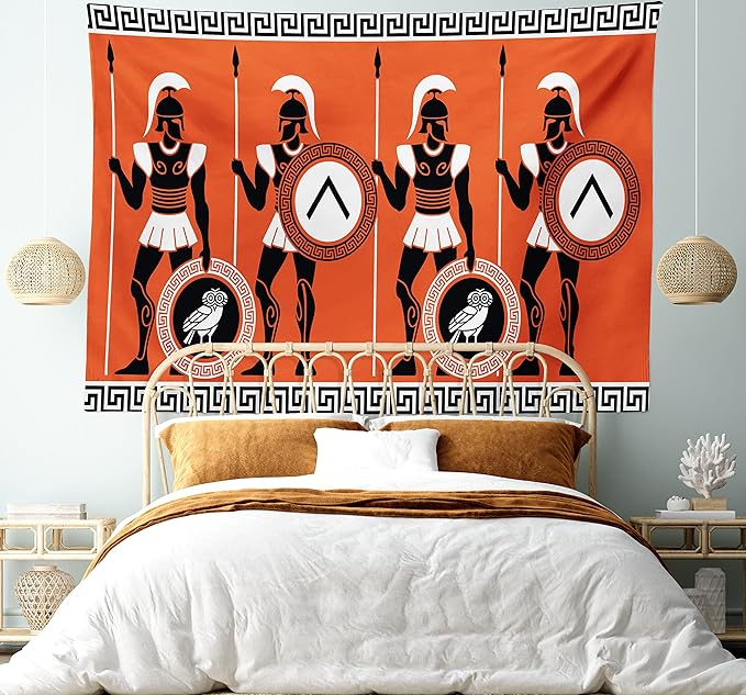 Ambesonne Retro Tapestry King Size, Historical in Greece Theme Cultures, Wall Hanging Bedspread Bed Cover Wall Decor, 104" X 88", Orange Black White