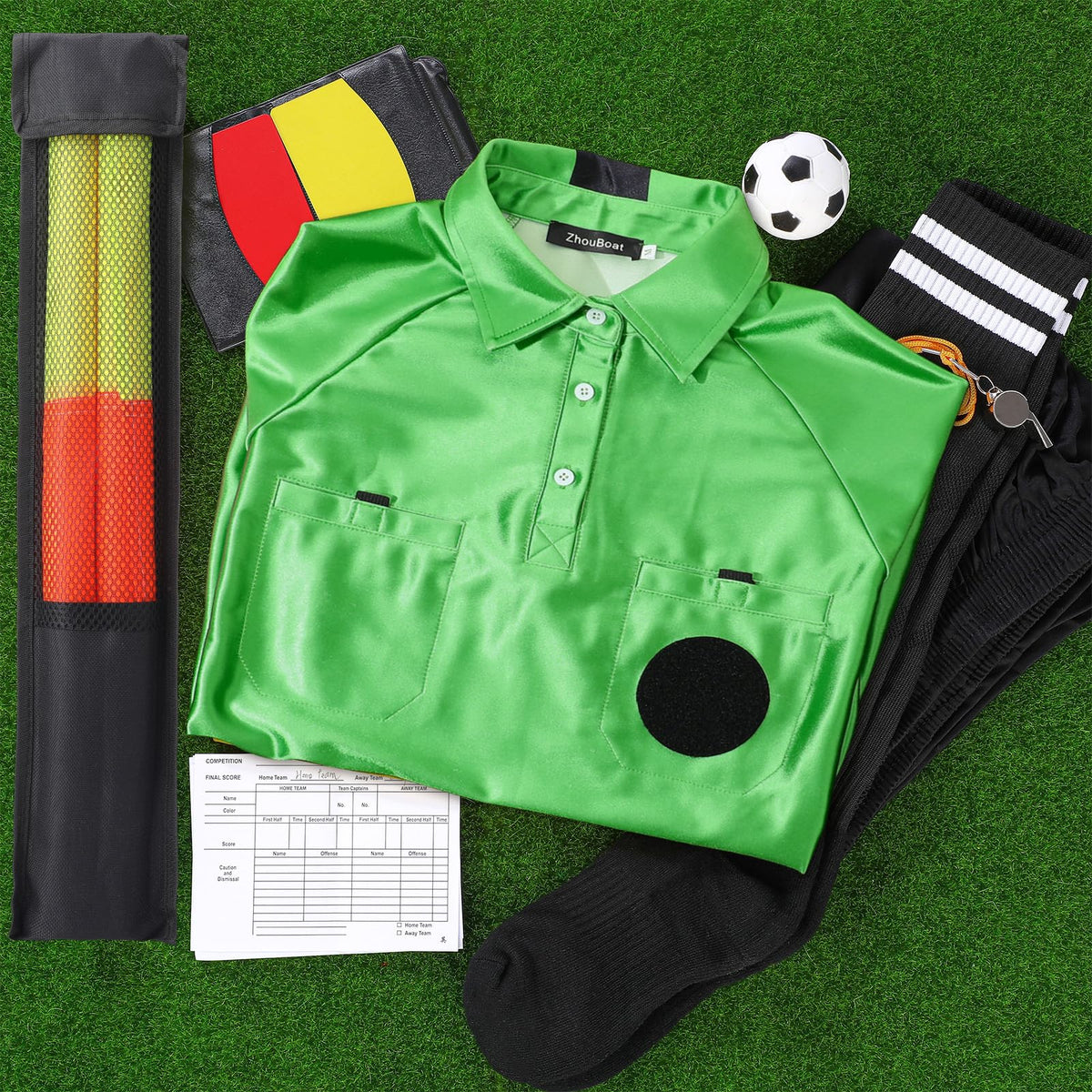 ZhouBoat Soccer Referee Kit, 6 Pcs Soccer Referee Shirt Jersey Umpire Uniform Football Linesman Flags Whistle Soccer Socks Referee Notebook Soccer Referee Costume for Adult Teenager, Green Small