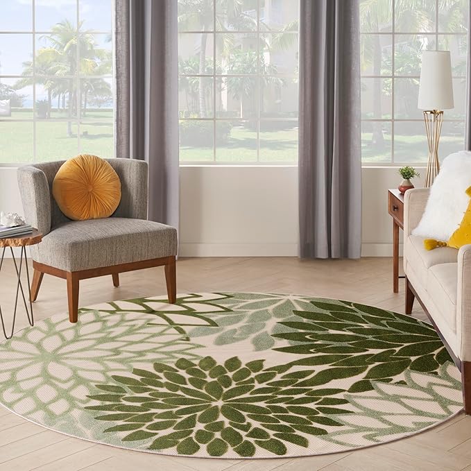 Nourison Home Aloha Indoor/Outdoor Ivory Green 5'3" x Round Area Rug, Easy Cleaning, Non-Shedding, Bed Room, Living Room, Dining Room, Backyard, Patio, Deck (5 Round)