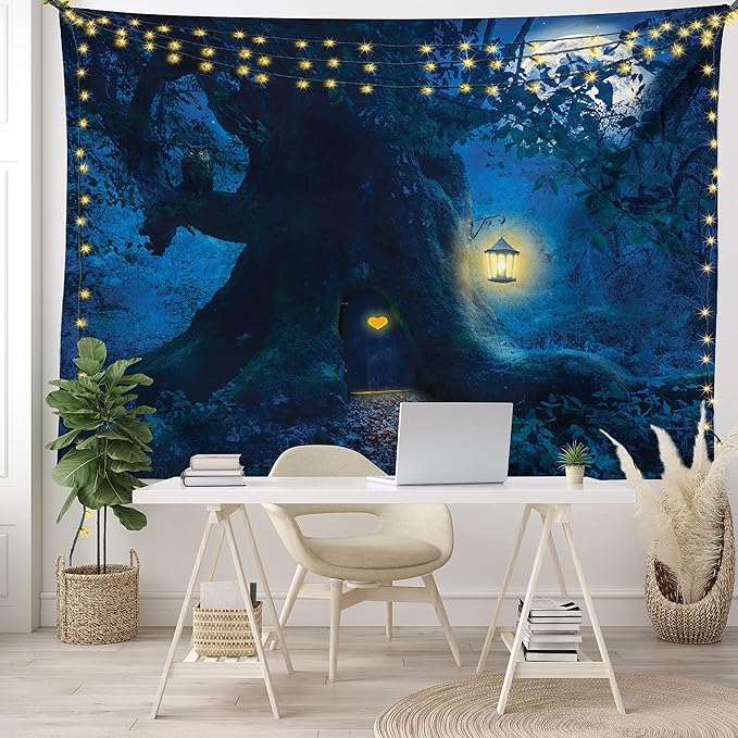 Ambesonne Fantasy Tapestry Queen Size, Night with a Little Home in The Trunk of an Tree in The Woods Print, Wall Hanging Bedspread Bed Cover Wall Decor, Queen Size, Navy Blue