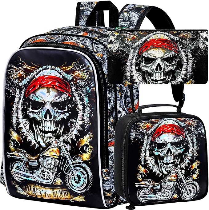 KLFVB 3PCS Kids Bookbag, 17" Boys Backpack and Lunch Box, Water Resistant Teenagers School Bag for Middle Elementary - Skeleton Motorcycle