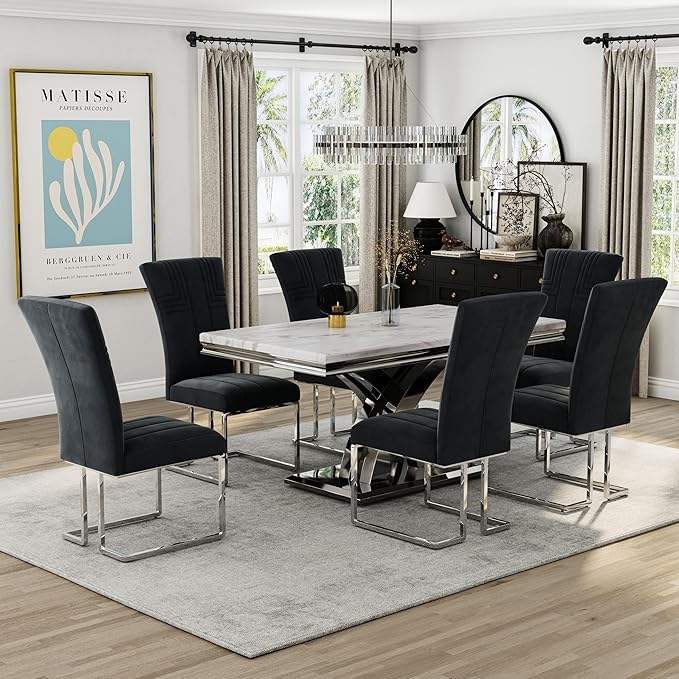 AUZ Dining Chairs Set of 6, Black and Silver Dining Chair with Velvet Upholstery and Mirrored Silver Sled Legs
