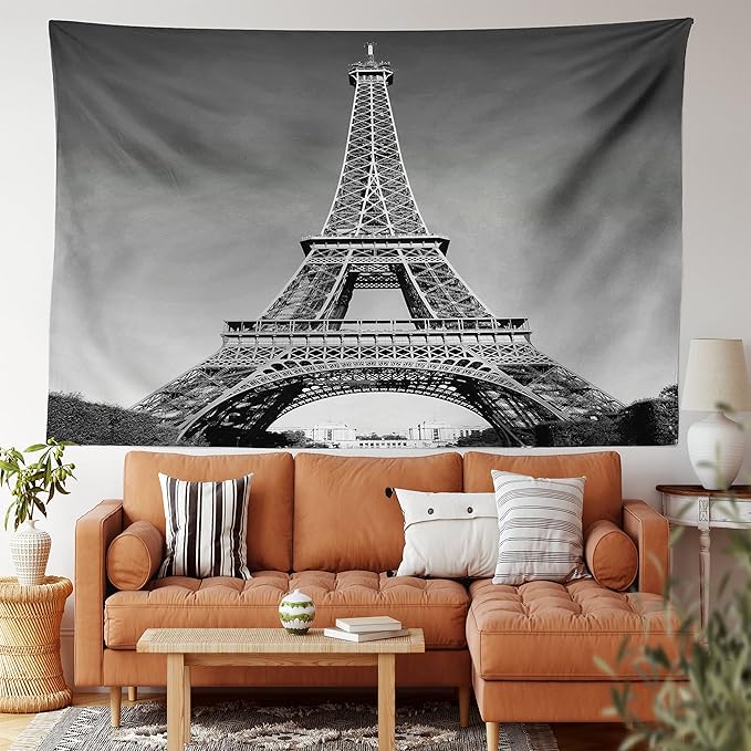 Ambesonne Eiffel Tower Tapestry King Size, Paris Landmark Monochrome Picture of Cityscape European Urban Famous Place Image, Wall Hanging Bedspread Bed Cover Wall Decor, 104" X 88", Grey