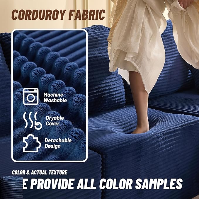 138" Boneless Couch with Deep Seat, Modular Sectional Sofa, Cloud Sectional Couch for Living Room, No Assembly Required, Corduroy, U-Shape 4 Seater Right, Blue