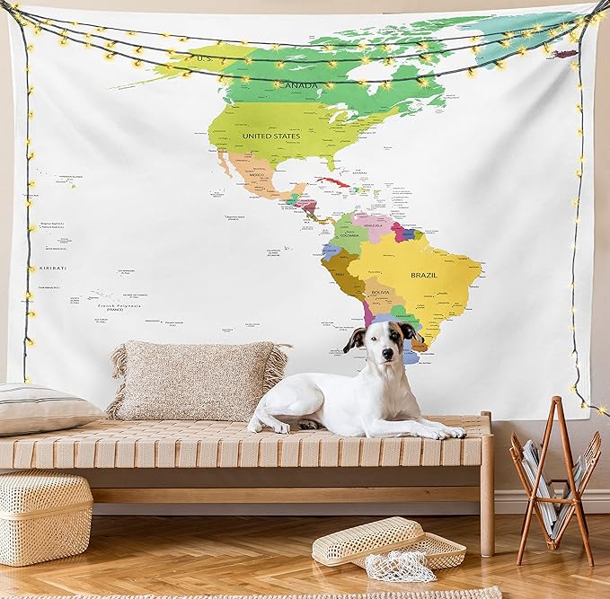 Ambesonne Map Tapestry, Map of South and North America with Countries Capitals and Major Cities Colorful Design, Fabric Wall Hanging Decor for Bedroom Living Room Dorm, 23" X 28", Green White