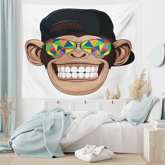 Ambesonne Cartoon Tapestry King Size, Fun Hipster Monkey with Colorful Sunglasses and Hat Rapper Hippie Ape Art, Wall Hanging Bedspread Bed Cover Wall Decor, 104" X 88", White Brown