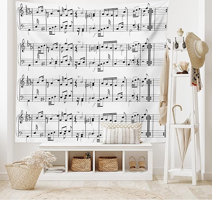 Ambesonne Music Tapestry, Musical Notes on the Clef Illustration Ornamental Pattern Art Print, Wide Wall Hanging for Bedroom Living Room Dorm, 80" X 60", Black White