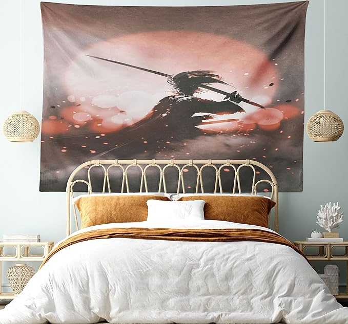 Ambesonne Japanese Tapestry, Reflection of Samurai Practicing Sunset Background Free from Death Concept, Fabric Wall Hanging Decor for Bedroom Living Room Dorm, 45" X 30", Salmon Umber