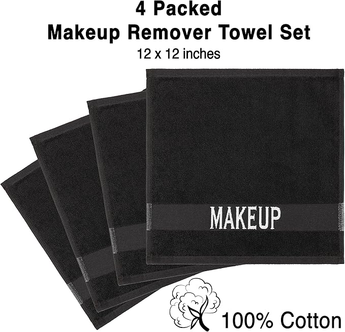 American Soft Linen, Makeup Remover Face Cloth, 100% Cotton Makeup Towels, 4 Packed Face Towels, 12x12 inches, Black