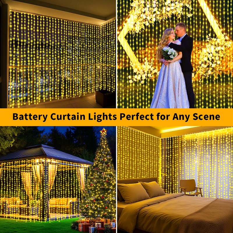 Curtain Lights Battery Operated 10 * 10Ft 300LED Waterfall Light with 8 Modes Remote Dimmable Timer Memory Waterproof Twinkle Fairy String Lights for Indoor Outdoor Backdrop Bedroom Pergola Christmas