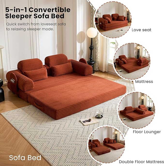 Convertible Sofa Bed,79'' Foldable Sleeper Lounge Modular Couch Comfort Compression Sofa Loveseat for Small Spaces Comfort for Apartment Bedroom (Corduroy Fabric, Orange1)