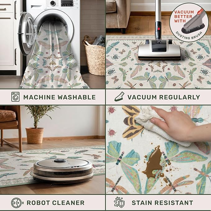 Boho Bathroom Runners - 2x6 Blue and Green Rug for Kitchen, Entry Way, Non Slip Washable Butterfly Insect Print Home Decor