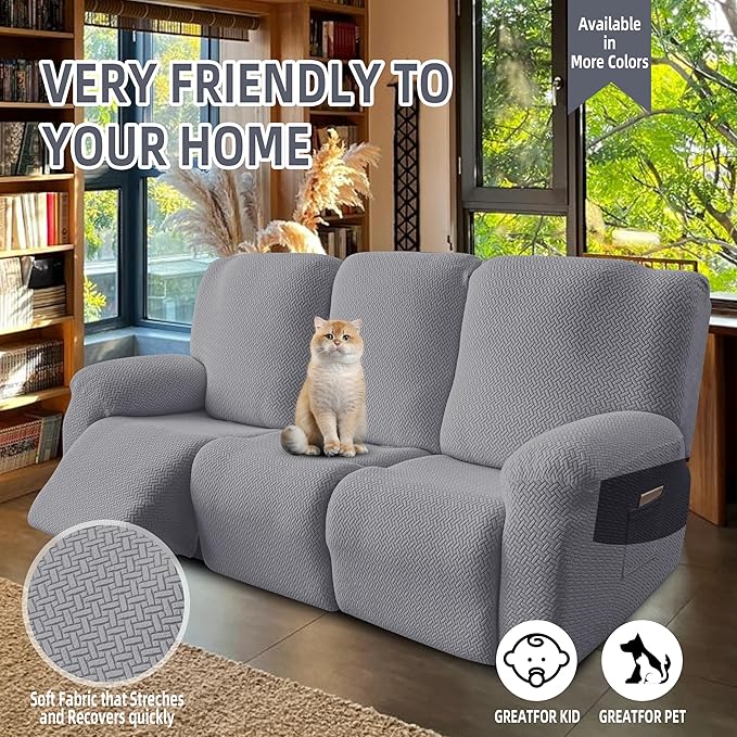 Genina Recliner Sofa Covers - Stretch Reclining Couch Covers with Stripe Jacquard - 3 Seat Cushion Slipcovers with Soft Fabric - Furniture Protector for Pet Kid (Light Gray)