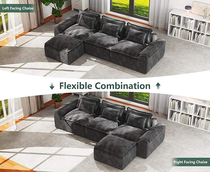 Hobestluk 120" Cloud Sectional Couch 3-Seater Sofa with Deep Seat Modular Sofa with Removable Cover Large Sofa Couch for Living Room (Dark Grey, 3-Seater Sofa)
