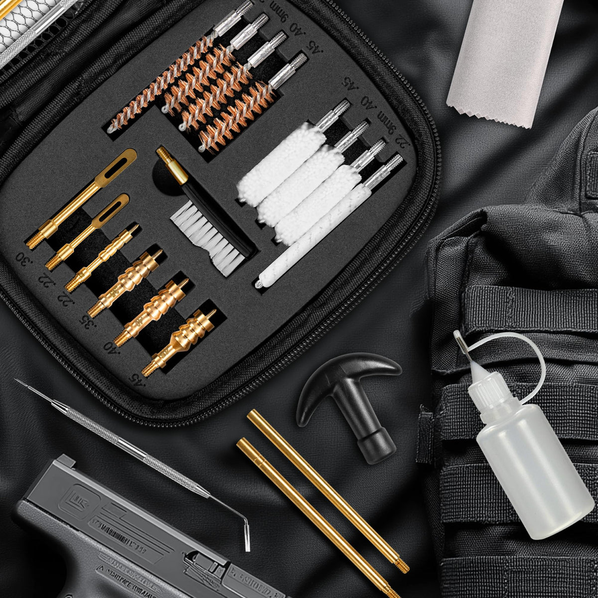 GLORYFIRE Gun Cleaning Kit Fits .22 .357/9mm .38 .40 .45 Cal Handguns & Pistols Compact Carrying Case Multiple Styles with Brass or Plastic Jags & Tips for Shooting and Range (Elite Jet)