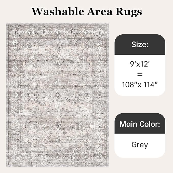 Neutral Grey 9x12 Large Rugs for Living Room Washable Modern Area Rugs Soft Faux Fur Low Pile Non Slip Stain Resistant Vintage Euro Floral Boho Medallion Carpet Rug for Bedroom Dining Room Family Room