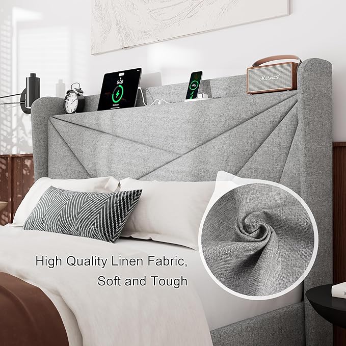 Feonase Full Bed Frame with Charging Station, Linen Upholstered Platform Bedframe with Wingback Headboard, Solid Wood Slats Support, Noise Free, No Box Spring Needed, Light Grey