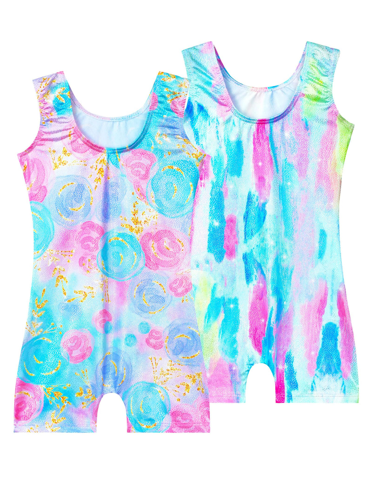 Nokecina Girls Leotards for Gymnastics with Shorts Size 7-8 Years Old Blue Rose Flowers Biketards Unitards Two Pack