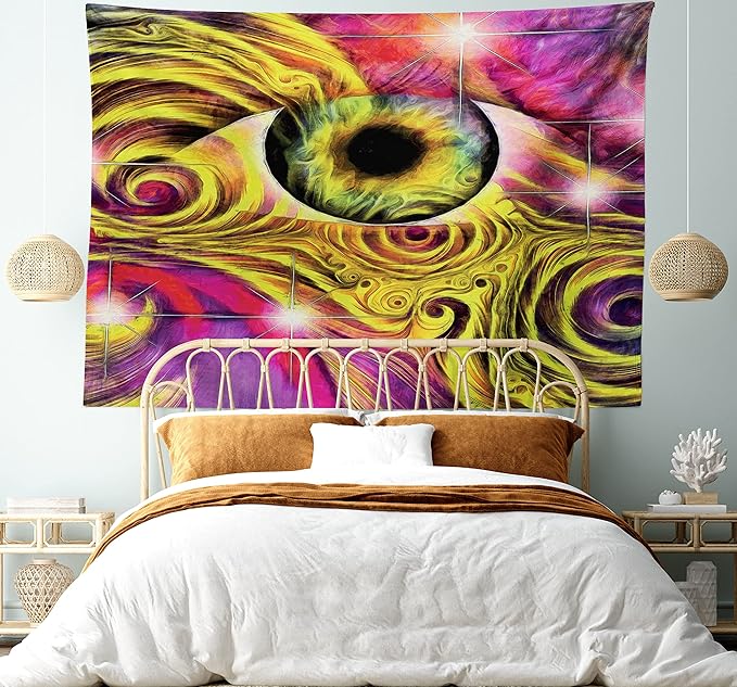 Ambesonne Psychedelic Tapestry, Hippie Hallucinatory Eye in Vivid Colors with Optical Swirl Lines Graphic, Fabric Wall Hanging Decor for Bedroom Living Room Dorm, 45" X 30", Fuchsia Yellow