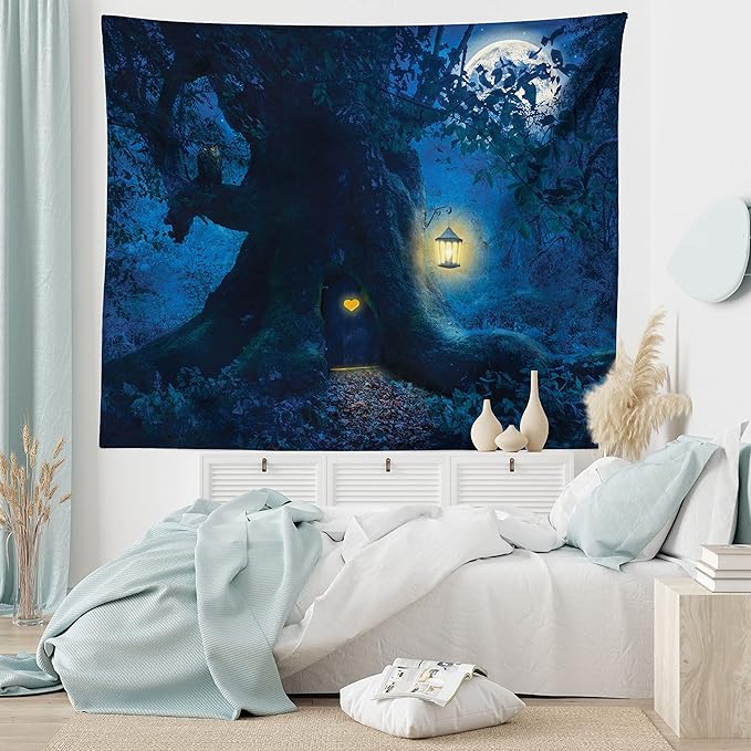 Ambesonne Fantasy Tapestry Queen Size, Night with a Little Home in The Trunk of an Tree in The Woods Print, Wall Hanging Bedspread Bed Cover Wall Decor, Queen Size, Navy Blue