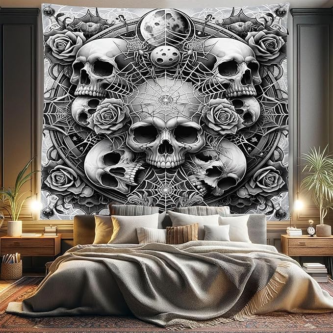 Ambesonne Gothic Tapestry King Size, Dark Tone Neo Spooky Vampire Skulls with American Traditional Roses, Wall Hanging Bedspread Bed Cover Wall Decor, 104" X 88", Pale Grey Dark Grey White