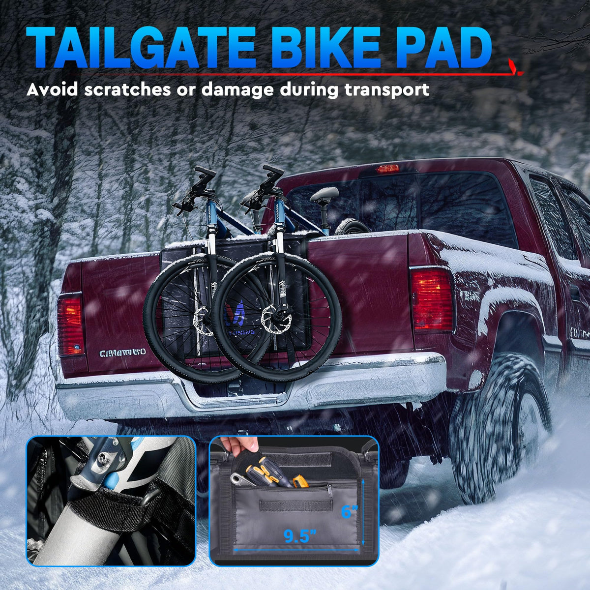 MICTUNING Tailgate Bike Pad for Mountain Bike, Secure 2 Bikes on Truck, ScratchResistant Tailgate Pad with Reflective Strips and Tool Pocket, for Outdoor Bicycle Transportation