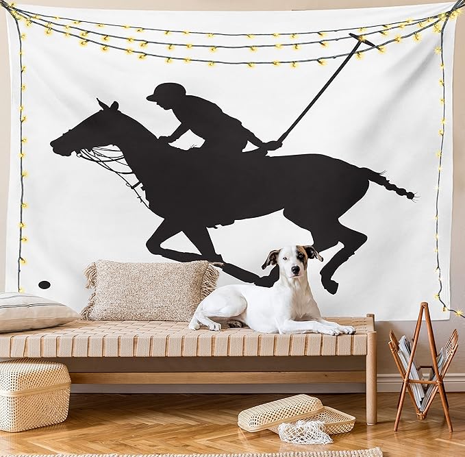 Ambesonne Sports Tapestry, Silhouette Illustration of Polo Player on a Horse Hitting a Ball Print, Fabric Wall Hanging Decor for Bedroom Living Room Dorm, 30" X 45", Charcoal Grey