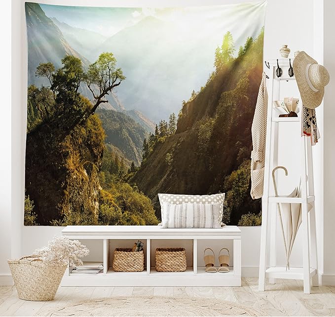Ambesonne Landscape Tapestry King Size, Forest Nepal Himalaya Mountains Sunlight Majestic Scenery Nature Photo, Wall Hanging Bedspread Bed Cover Wall Decor, 104" X 88", Green Pale Yellow
