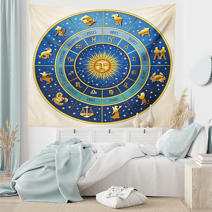 Ambesonne Astrology Tapestry Twin Size, Wheel of Astrological Signs Names Dates Moon Sun in Middle, Wall Hanging Bedspread Bed Cover Wall Decor, Twin Size, Blue Yellow and Cream