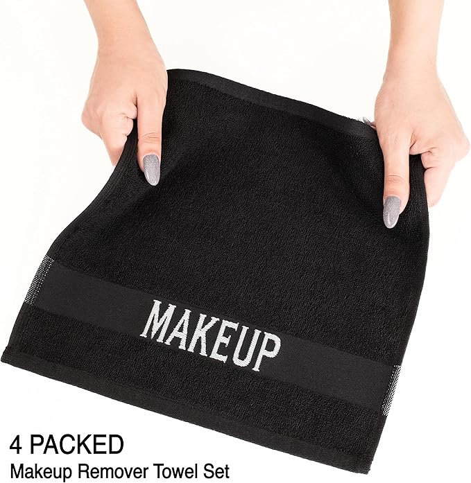 American Soft Linen, Makeup Remover Face Cloth, 100% Cotton Makeup Towels, 4 Packed Face Towels, 12x12 inches, Black