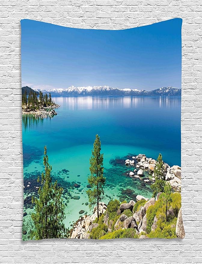Ambesonne Blue Tapestry, Tranquil View of Lake Tahoe Sierra Pines on Rocks with Turquoise Waters Shoreline, Wall Hanging for Bedroom Living Room Dorm Decor, 40" X 60", Blue Grey Green
