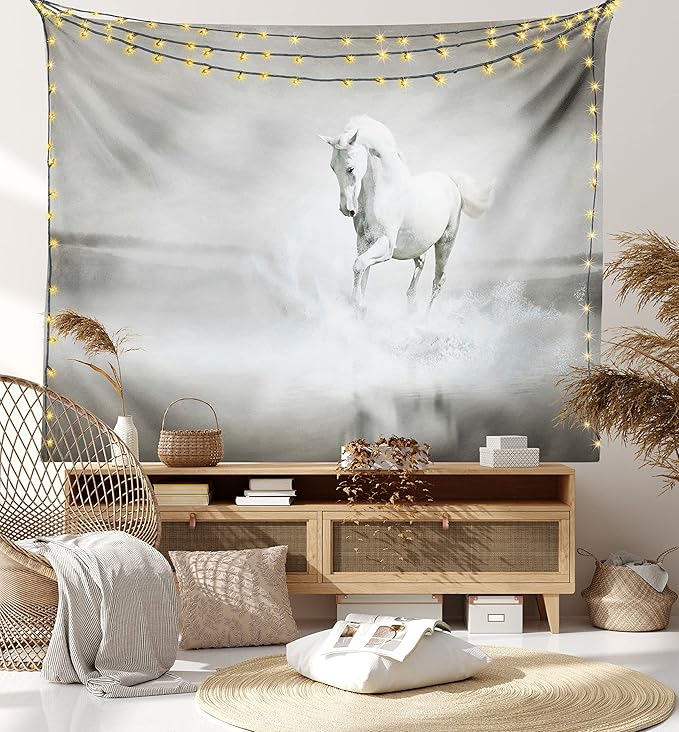 Ambesonne Horses Tapestry King Size, Wild Horse Running Through Water Dramatic for the Motivation of Life Art, Wall Hanging Bedspread Bed Cover Wall Decor, 104" X 88", Black and White