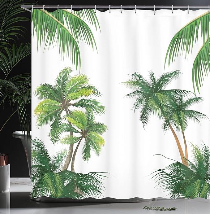 Ambesonne Tropical Shower Curtain, Coconut Palm Tree Nature Paradise Plants Foliage Leaves Digital Illustration, Cloth Fabric Bathroom Decor Set with Hooks, 69" W x 70" L, Hunter Green