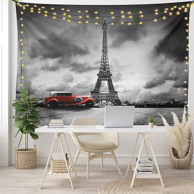 Ambesonne Eiffel Tower Tapestry, Image of Eiffel Tower Paris France Vintage Car Street Dark Clouds, Fabric Wall Hanging Decor for Bedroom Living Room Dorm, 45" X 30", Black Red