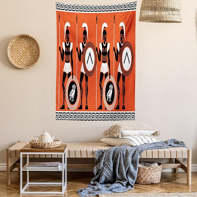 Ambesonne Retro Tapestry, Historical in Greece Theme Cultures, Wall Hanging for Bedroom Living Room Dorm Decor, 60" X 80", Orange Black White