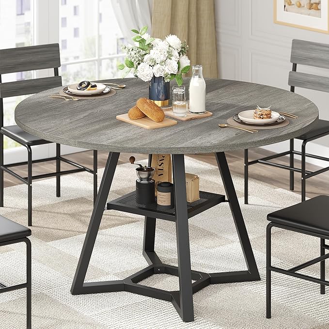 Round Dining Table for 4, Kitchen Tables Dining Room Circle Dinner Table with Pedestal Metal Frame, Space Saving Wood Industrial Kitchen & Dining Room Tables, Grey 47In