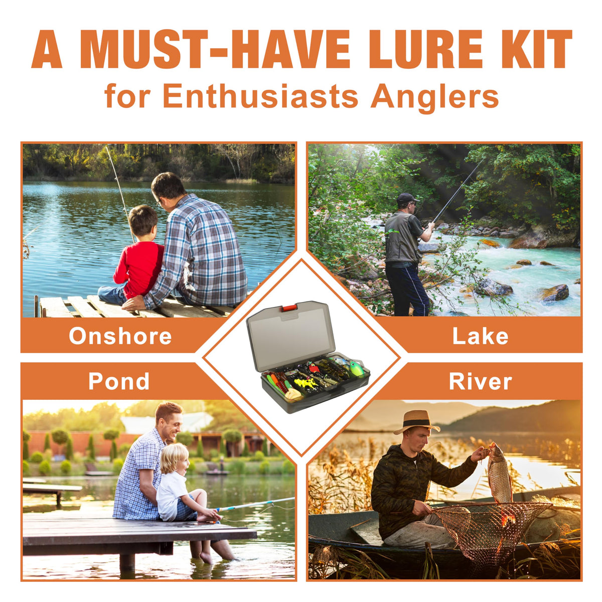 TRUSCEND Complete Fishing Lures - Tackle Box with Tackle Included - Crankbaits, Minnows, Frogs, Vibes, Poppers, Spinners, Spoons, Soft Baits, Hooks & Weights Accessories Kit for Bass Panfish Trout