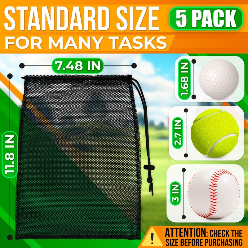 5Pcs Small Mesh Bags Drawstring Black Nylon – 11.8x7.48" Secure Cinch-Top, Mesh Bag for Tennis, Pickleball, Golf, Travel, Beach, Sports Equipment, and Mushroom Foraging – Quick-Dry and Tear-Resistant