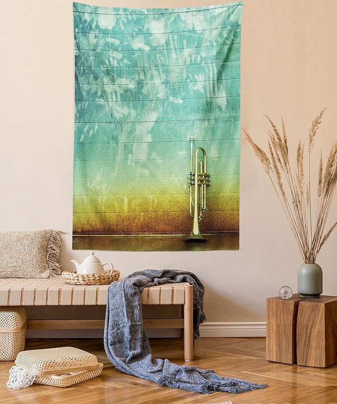 Ambesonne Music Tapestry, Old Aged Worn Single Trumpet Stands Alone Against a Faded Wall Jazz Theme Photo, Fabric Wall Hanging Decor for Bedroom Living Room Dorm, 23" X 28", Teal Brown