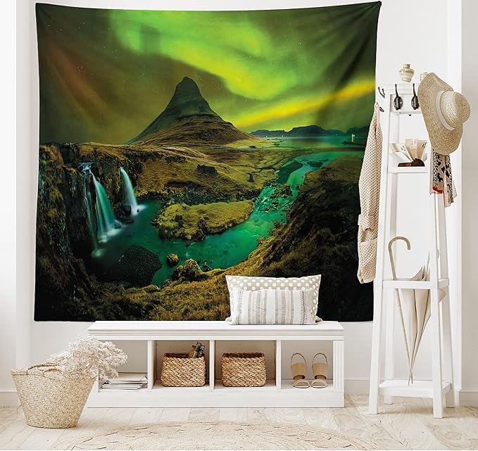 Ambesonne Aurora Borealis Tapestry, Pale Weather over the Hills Waterfall Creek Nature Landscape, Fabric Wall Hanging Decor for Bedroom Living Room Dorm, 28" X 23", Olive Green