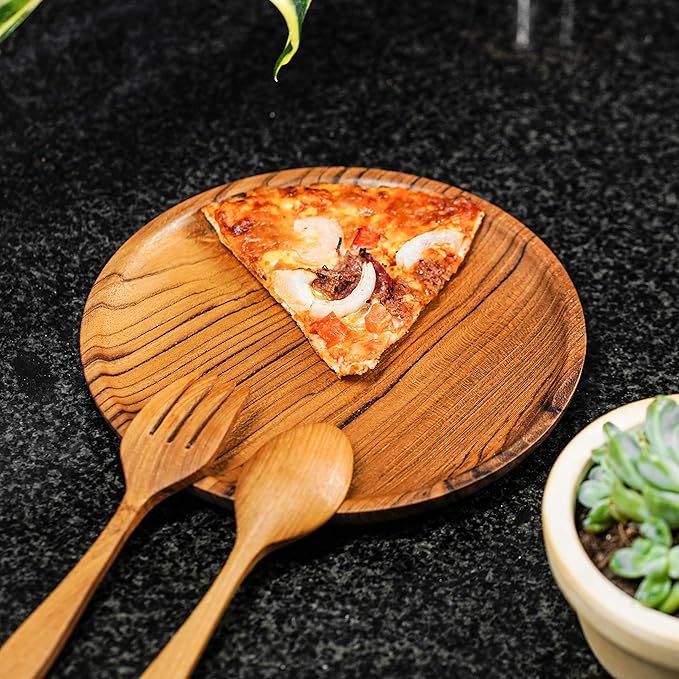 Rainforest Bowls Set of 4 8" Round Javanese Teak Wood Plates- Perfect for Everyday Use- Hot & Cold Friendly, Ultra-Durable, Premium Wooden Plates- Handcrafted by Indonesian Artisans