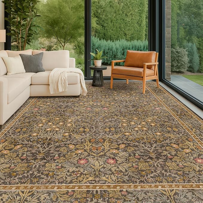 Large 8x12 Boho Living Room Rug - Gold Brown Geometric Floral Area Rug for Dining Room Under Table, Bedroom Under Bed, Low Pile & Soft - Vintage Design & Stain Resistance Carpet