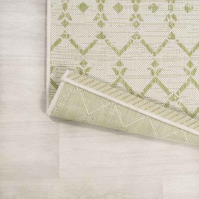 JONATHAN Y SMB108M-28 Ourika Moroccan Geometric Textured Weave Indoor Outdoor Runner Rug, Coastal, Traditional, Transitional Easy-Clean,Bedroom,Kitchen,Backyard,Patio,Non Shedding, Cream/Green, 2 X 8