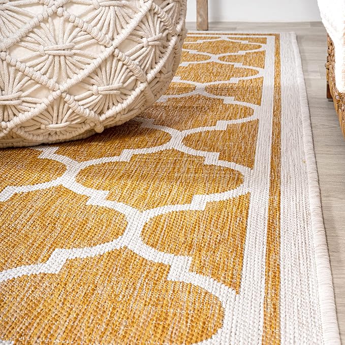 Eyely BMS109F-210 Santa Monica Trebol Moroccan Trellis Textured Weave Indoor/Outdoor Runner Rug Coastal;Bohemian, Bedroom, Backyard, Patio, Easy-Cleaning, Non-Shedding, 2 X 10, Yellow/Cream