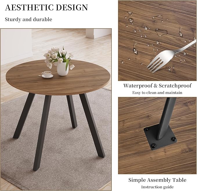 34.6'' Round Dining Table and Chairs for 4 Space Saving for Apartment Kitchen Dining Room (Walnut Table+4 White Chairs)