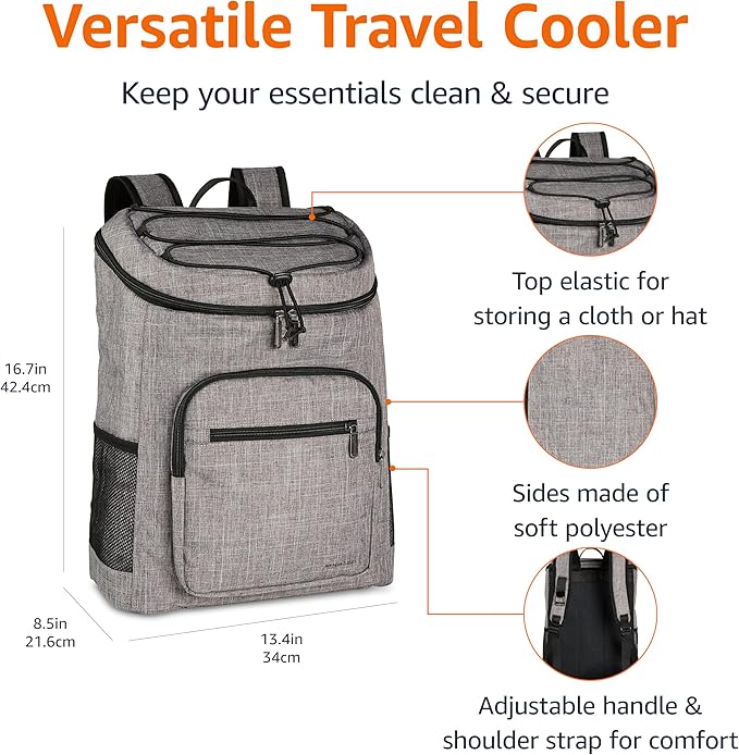 Amazon Basics Insulated Cooler Backpack, Leak-Proof, 30 Can Capacity, Portable Soft Sided Cooler, Keeps Cold for Hours, Gray