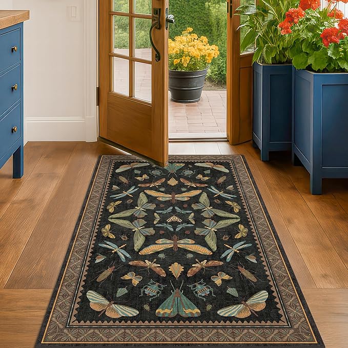 Black Front Door Mat Indoor Entrance Non Slip Washable - 3x4 Throw Rug for Kitchen, Mudroom, Bedroom Bedside, Insect Boho Vintage Aesthetic Décor